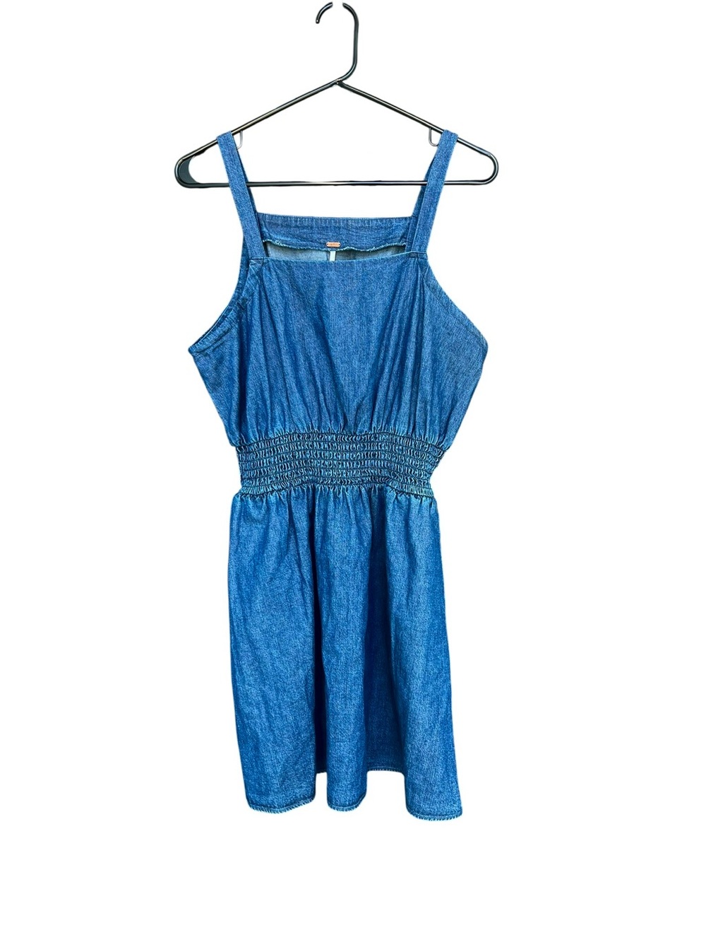 Free People Denim Mini Dress Large Blue Smocked Waist Sleeveless Summer